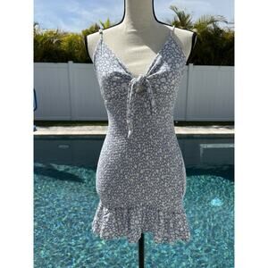 Vtg Y2K Mini Dress Blue Floral Cottagecore Romantic Sexy Bow Cut Out Ruffle S/M